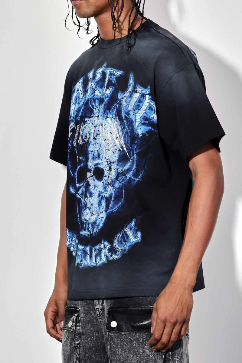 First Row 'Wake Up And Be Fierce' Flame Skull Washed T-Shirt (Black) FRT2157A - FRESH N FITTED