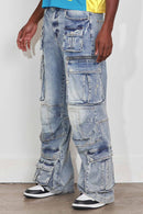Light stone tint First Row Y2K multi cargo relaxed fit denim jeans, showcasing their denim fabric and casual style.