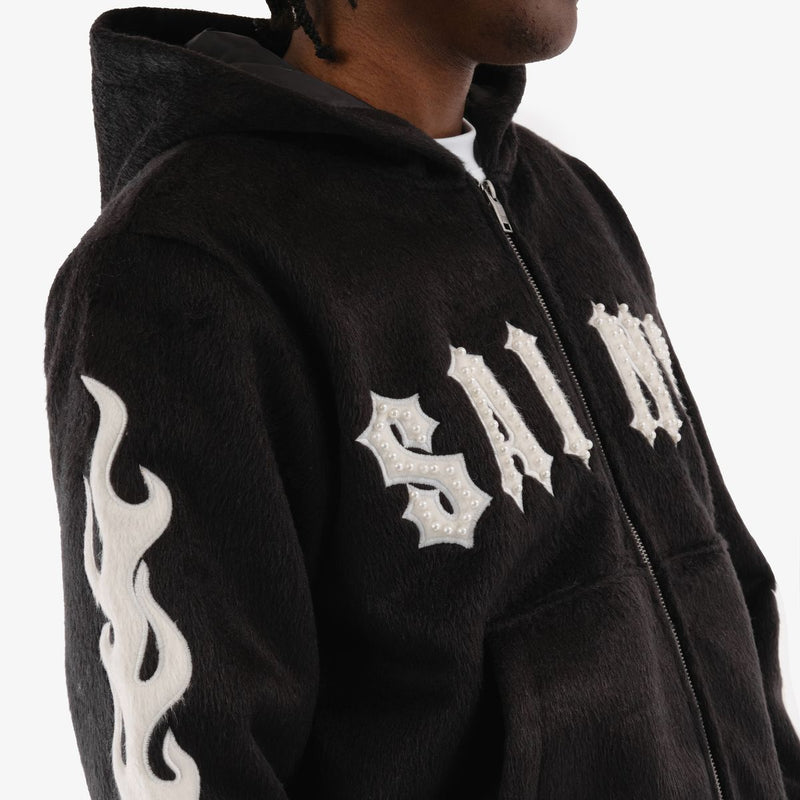 Copper Rivet 'Saints' Mohair Pearl Embroidery Zip Hoodie (Black) 531081