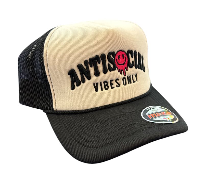 MUKA 'AntiSocial Vibes Only' Trucker Hat (White/Black) T5462A - FRESH N FITTED