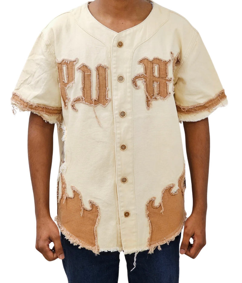 VOYAGE STUDIO 'PURE' RIp & Tears Baseball Applique Jersey (Off White) 51T01 - FRESH N FITTED
