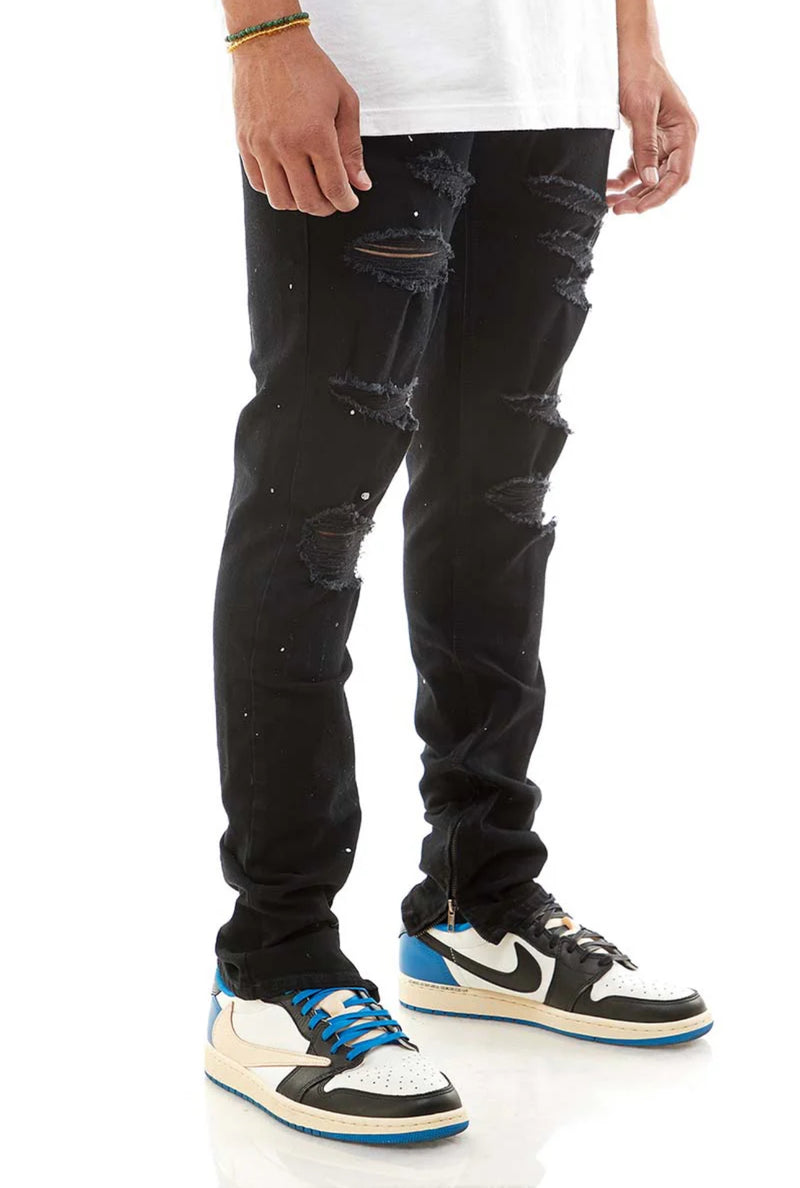 KDNK Paint Splatter Destroyed Ankle Zip Denim (Black) KND4194 - FRESH N FITTED
