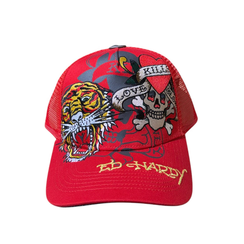 Ed Hardy 'Tiger Skull' Trucker Hat (Red) EHH0001-53 - FRESH N FITTED