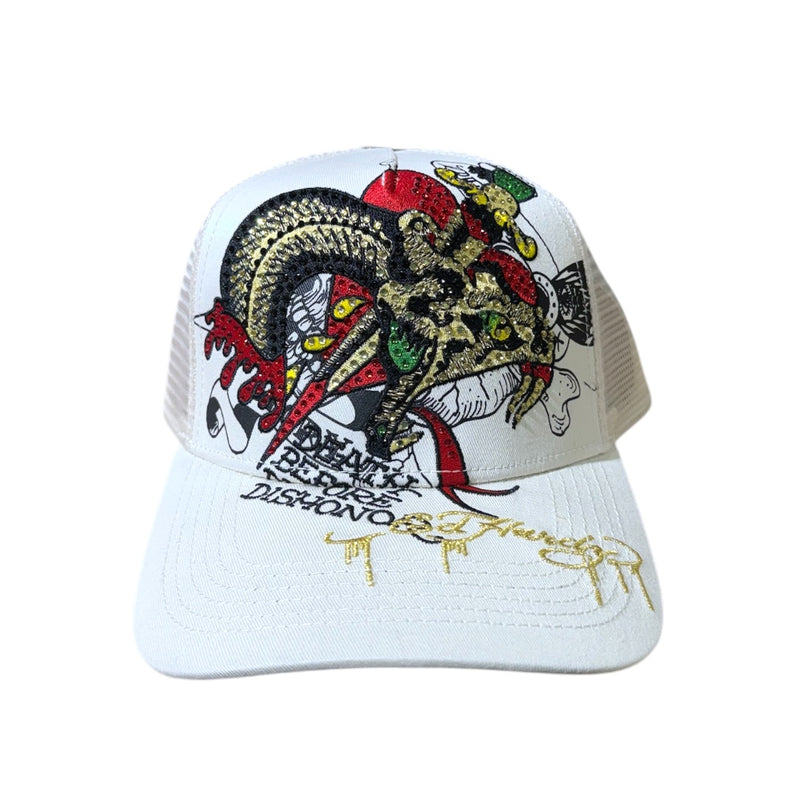 Ed Hardy 'Dagger Snake' Rhinestone Trucker Hat (Ivory) EHH0001-52RS - FRESH N FITTED