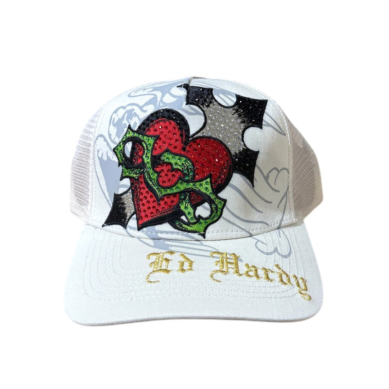 Ed Hardy 'Sacred Heart' Rhinestone Trucker Hat (Ivory) EHH0001-48RS - FRESH N FITTED