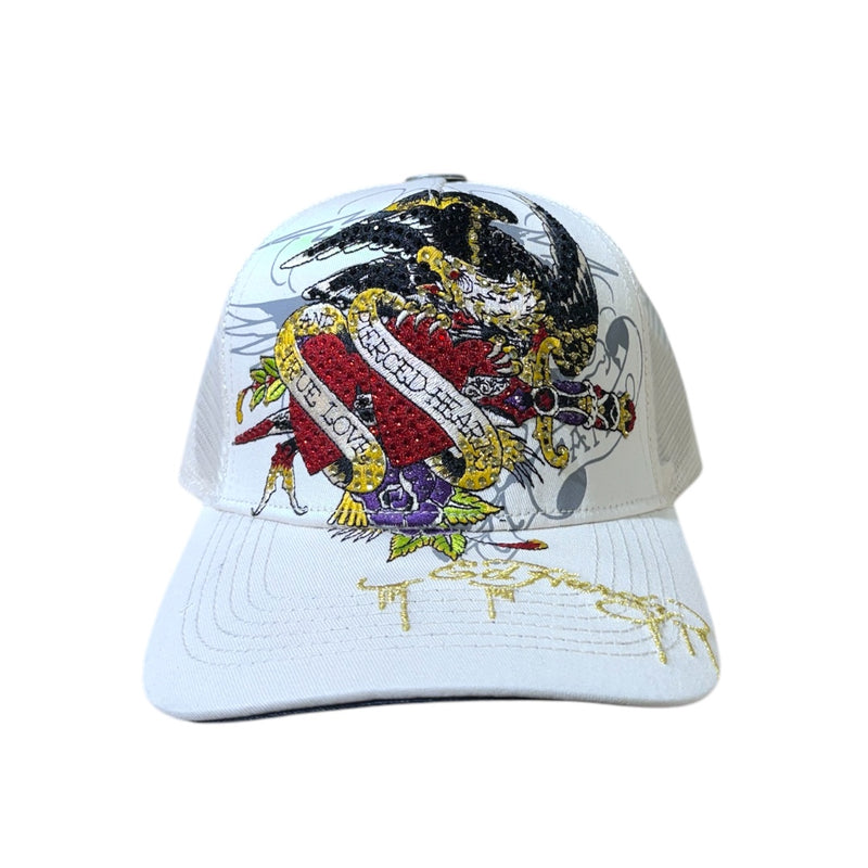 Ed Hardy 'Pierced Eagle' Rhinestone Trucker Hat (Ivory) EHH0001-37RS - FRESH N FITTED