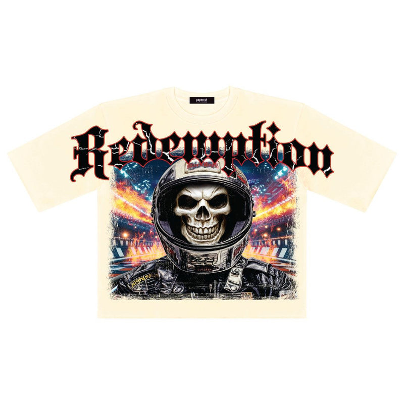Papercut 'Redemption Skull' Oversized Digital Cropped T-Shirt (Beige) - FRESH N FITTED