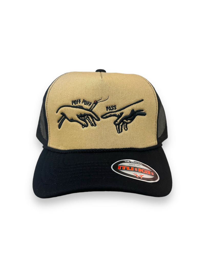 Muka 'Puff Puff Pass' Trucker Hat (Khaki/Black) T5428 - FRESH N FITTED