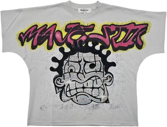 Majestik 'Face' Rhinestone Tapestry Cropped T-Shirt (Lt. Grey) TE2557 - FRESH N FITTED