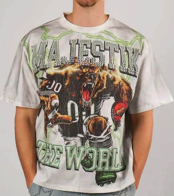 Majestik 'Bear Running Back' Garment Dyed Cropped T-Shirt (Grey) TE2529 - FRESH N FITTED