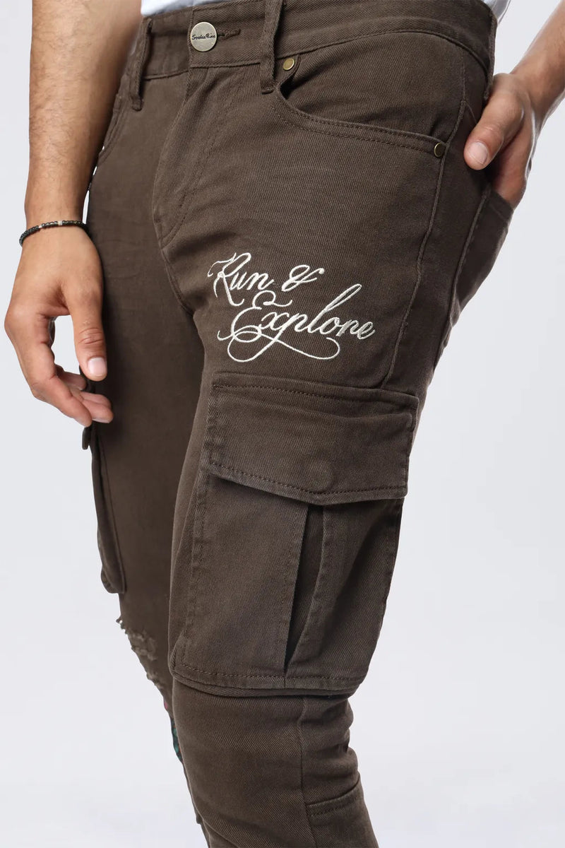 Smoke Rise 'Slim Tapered Embroidered Cargo Twill' Pants (Bison) JP24516 - FRESH N FITTED