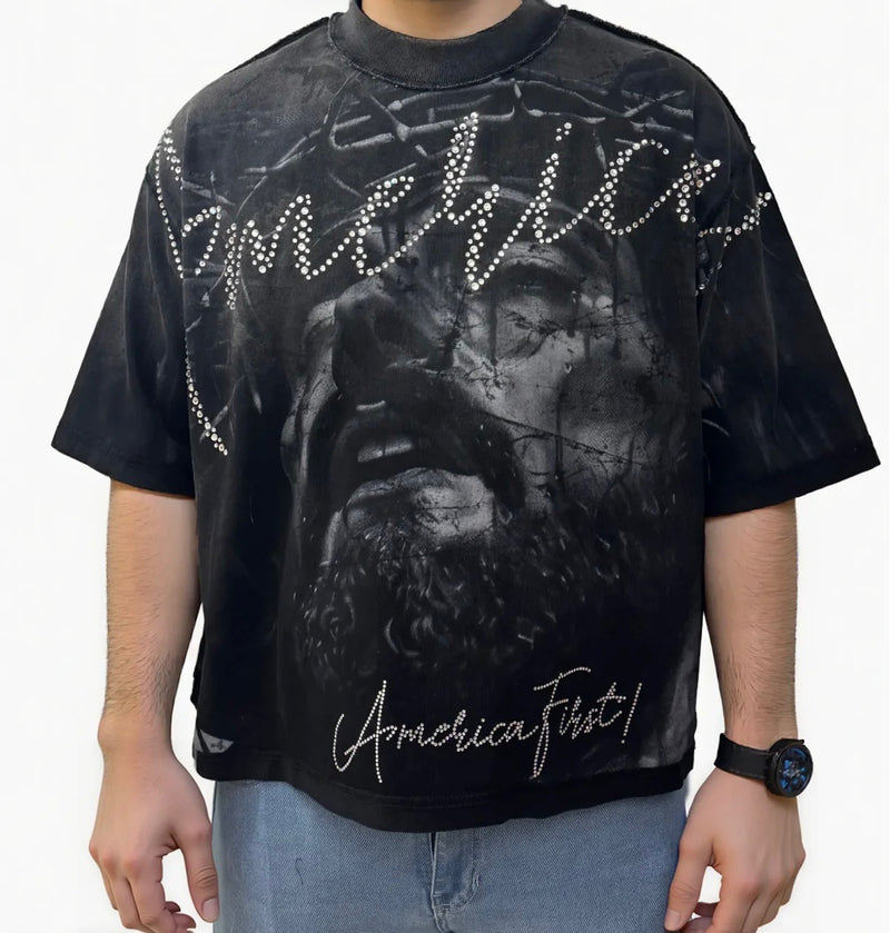Rare Peace 'America' Oversized Digital Cropped T-shirt (Black) RT5005 - FRESH N FITTED