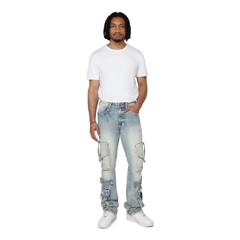 Smoke Rise 'Eyelet' Stacked Flare Cargo (Parsons Blue) JP25543 - FRESH N FITTED