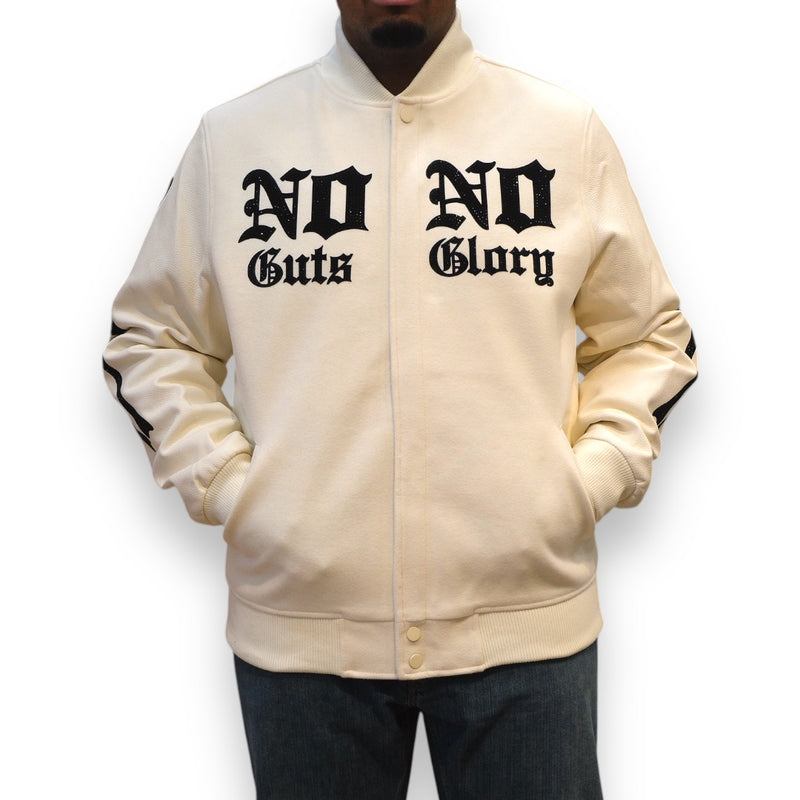 Roku Studio 'No Guts No Glory' Rhinestone Varsity Jacket (Eggshell) - FRESH N FITTED