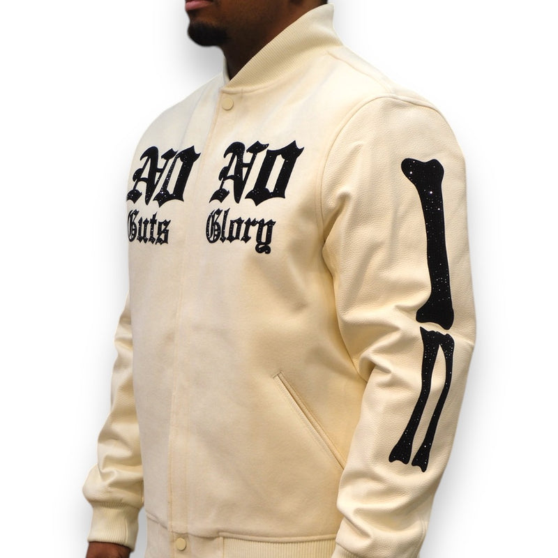 Roku Studio 'No Guts No Glory' Rhinestone Varsity Jacket (Eggshell) - FRESH N FITTED