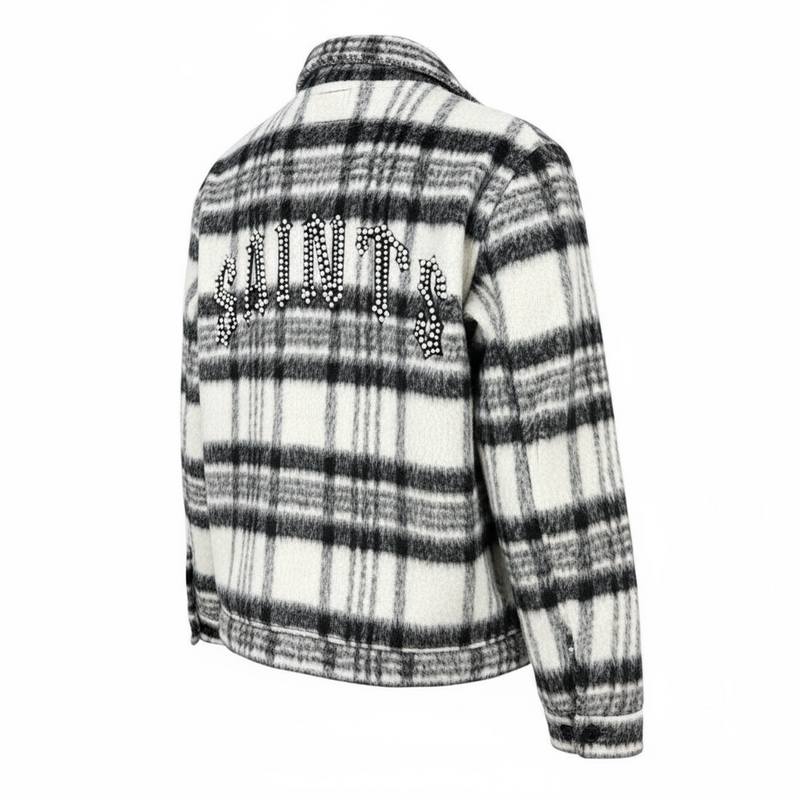Copper Rivet Brushed Flannel Jacket With Pearl Embroidery(Black) 535001