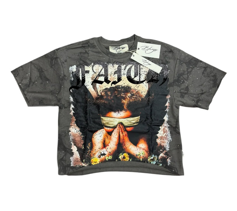 BKYS 'Faith' Cropped Rhinestone T-Shirt (Grey) T13857