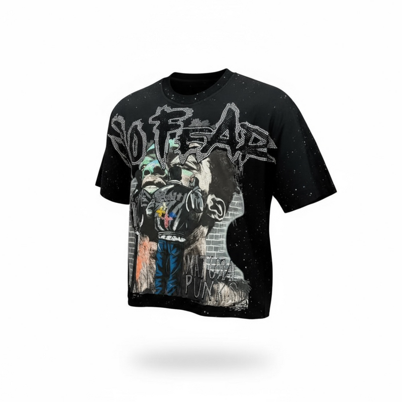 BKYS 'No Fear' Cropped Rhinestone T-Shirt (Black) T1385