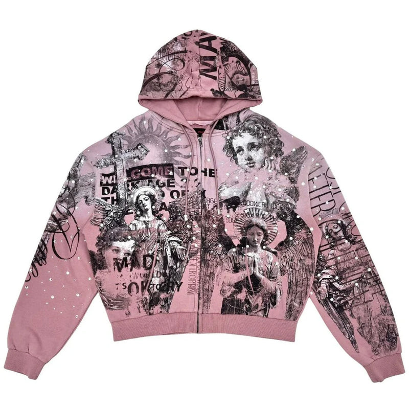 Rare Peace 'Mad World' Oversized Rhinestone Cropped Hoodie (Dust Pink) RK5043 - FRESH N FITTED