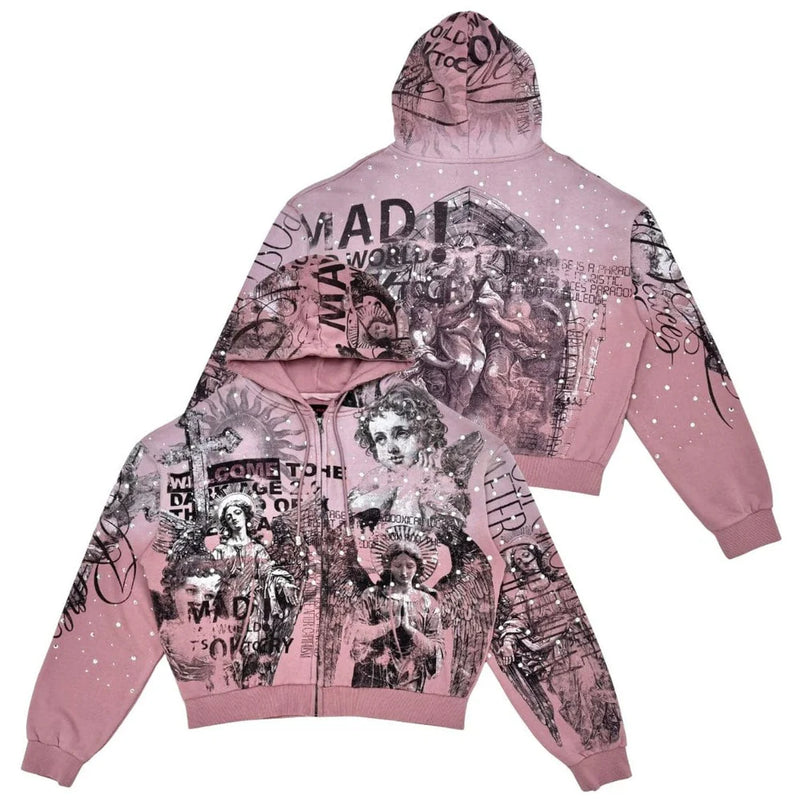 Rare Peace 'Mad World' Oversized Rhinestone Cropped Hoodie (Dust Pink) RK5043 - FRESH N FITTED