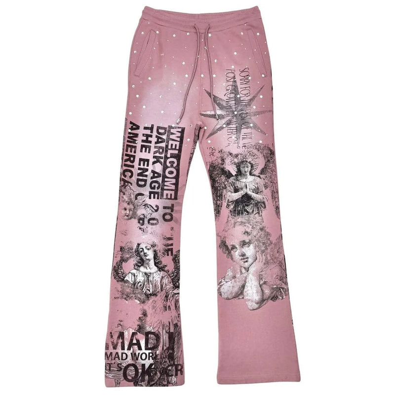 Rare Peace 'Mad World' Rhinestone Flared Sweatpants (Dust Pink) RP5043 - FRESH N FITTED
