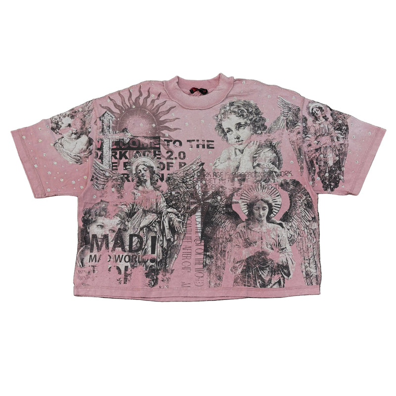 Rare Peace ‘Mad World' Oversized Rhinestone Cropped T-shirt (Pink) RT5043 - FRESH N FITTED