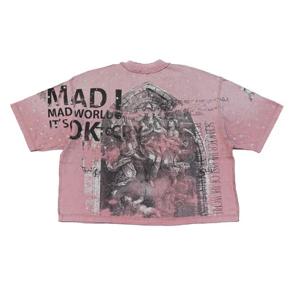 Rare Peace ‘Mad World' Oversized Rhinestone Cropped T-shirt (Pink) RT5043 - FRESH N FITTED