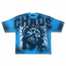 Blue t-shirt with a graphic design and the word 'CHAOS' on a white background by Fresh N Fitted
