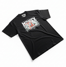A black short-sleeve t-shirt with a large graphic print on the front featuring the word 'MONEY' in white and red over a dollar bill illustration. By Fresh N Fitted.