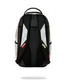 Back view of a Spraycraft backpack featuring a black perforated center panel, black straps, and white patterned side panels with small red and green brand tags.