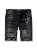 Black distressed denim shorts on a white background