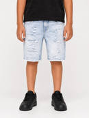A person wearing light-wash distressed denim shorts with a frayed hem, paired with a black t-shirt and black sneakers, shown from the waist down against a plain light background.