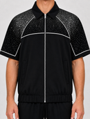 Black Kindred Rhinestone Nylon Zip Up Shirt with front zipper and rhinestone details, stylish and lightweight.