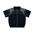 Black Kindred Rhinestone Nylon Zip Up Shirt with front zipper and rhinestone details, stylish and fitted for a modern look.