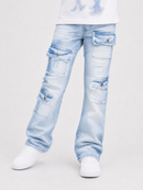 Light wash blue distressed cargo jeans with frayed details and flap pockets, shown on a model wearing white sneakers against a light gray background.