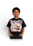Child wearing a black t-shirt with graphic design and text on a white background