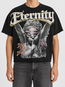 Black Papercut 'Eternity' oversized cropped T-shirt with a relaxed fit, featuring a minimalistic design on the front.