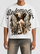 White Papercut Redemption oversized cropped T-shirt with a relaxed fit and bold graphic design.