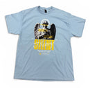 A light blue crewneck t-shirt featuring a graphic print of a winged angel statue with a halo, wearing yellow sunglasses, with the word 'Theory' written in yellow and white script across the front. by Fresh N Fitted