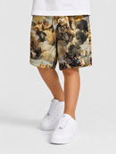 A person wearing shorts with a classical painting print and white sneakers, shown from the waist down on a light gray studio background.