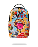 Sprayground 'Collage Of Fun' backpack featuring colorful, playful design, shown on a model in Sacramento, California.