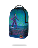 Sprayground DC Joker No Rules backpack featuring comic-style Joker design, adjustable straps, and bold logo details.