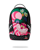 Sprayground Disney Alice in Wonderland Cheshire Cat Mad Shark backpack with colorful, playful design and adjustable straps.