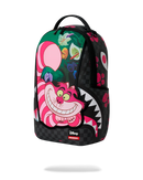 Sprayground Disney Alice in Wonderland Cheshire Cat Mad Shark backpack featuring colorful cat design and adjustable straps.