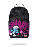 Sprayground Smurfs Shark Tag backpack featuring cartoon shark design, durable accessories, and adjustable straps for kids or teens.