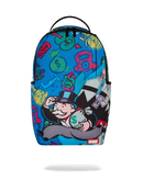 Sprayground Monopoly Grab & Go Go Go backpack, stylish accessories with bold Monopoly design, featuring adjustable straps and multiple compartments.