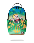 Sprayground Richie Rich Shark Stacks backpack featuring colorful shark illustrations and durable adjustable straps.