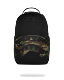 A black backpack with a camouflage shark-face graphic across the lower front, shown on a plain white background.