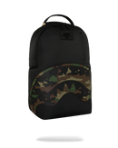 Black backpack with camouflage pattern on a white background
