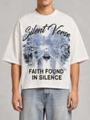White Silent Verse oversized cropped T-shirt with "Faith Found In Silence" graphic, casual and trendy for everyday wear.